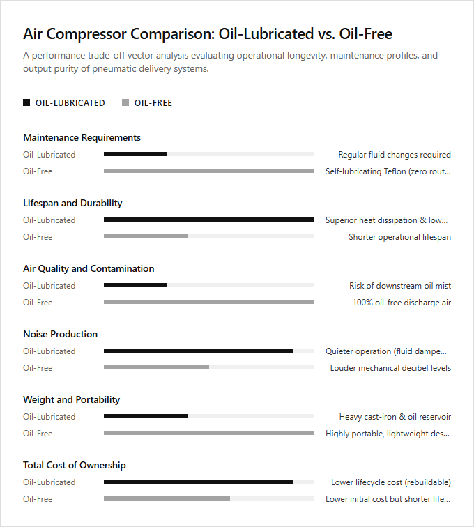 Infographic comparison Oil-Lubricated vs Oil-Free of Air Compressor power tool
