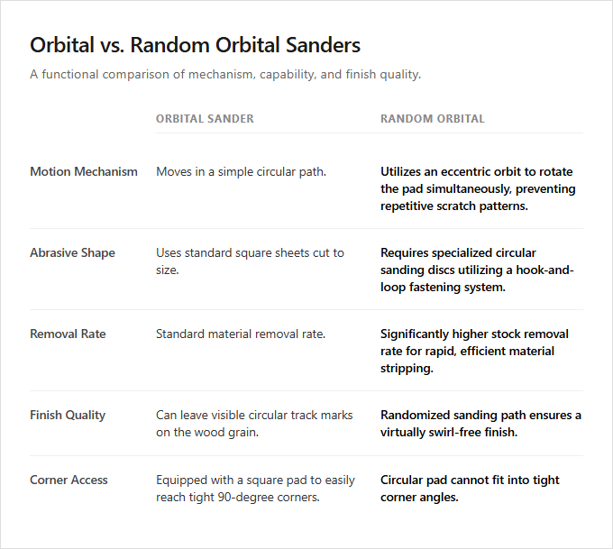 Infographic comparison Orbital Sander vs Random Orbital Sander of Sander power tool