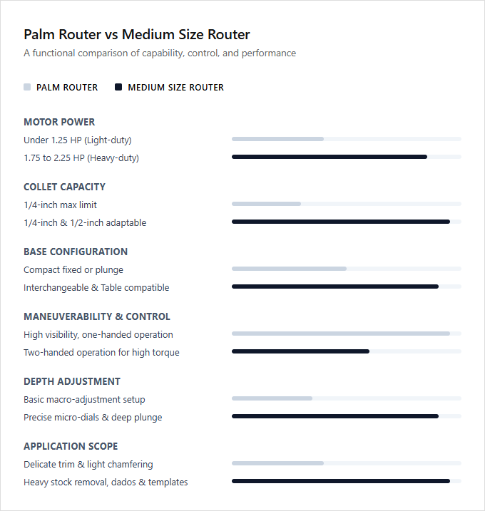 Infographic comparison Palm Router vs Medium Size Router of Router power tool