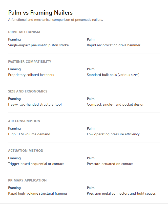 Infographic comparison Palm vs Framing of Nailer power tool