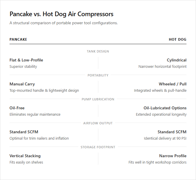 Infographic comparison Pancake vs Hot Dog of Air Compressor power tool