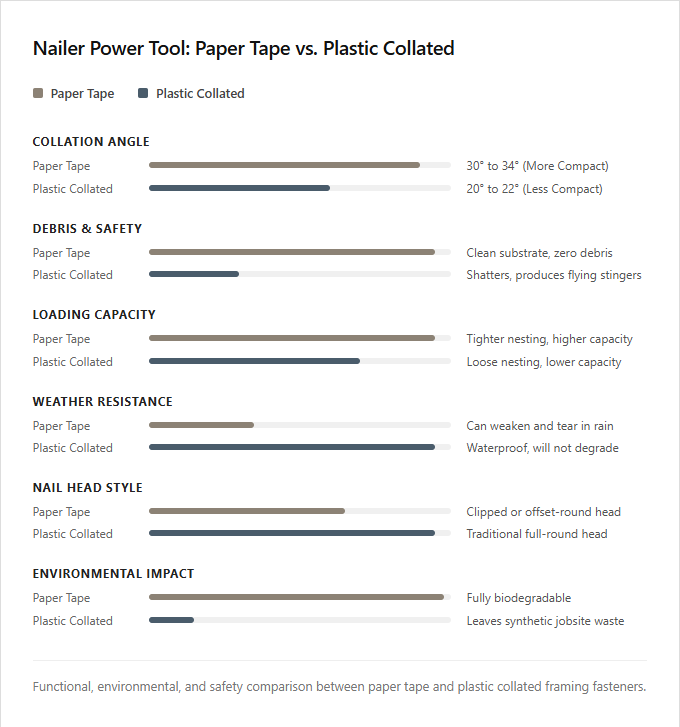 Infographic comparison Paper Tape vs Plastic Collated of Nailer power tool