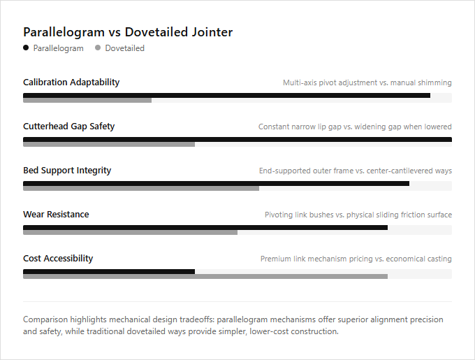 Infographic comparison Parallelogram Jointer vs Dovetailed Jointer of Jointer power tool
