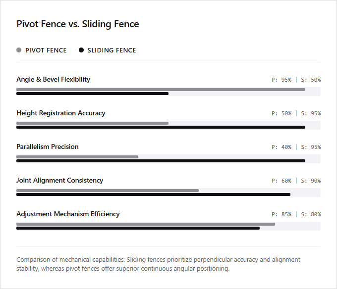 Infographic comparison Pivot Fence vs Sliding Fence of Biscuit Joiner power tool