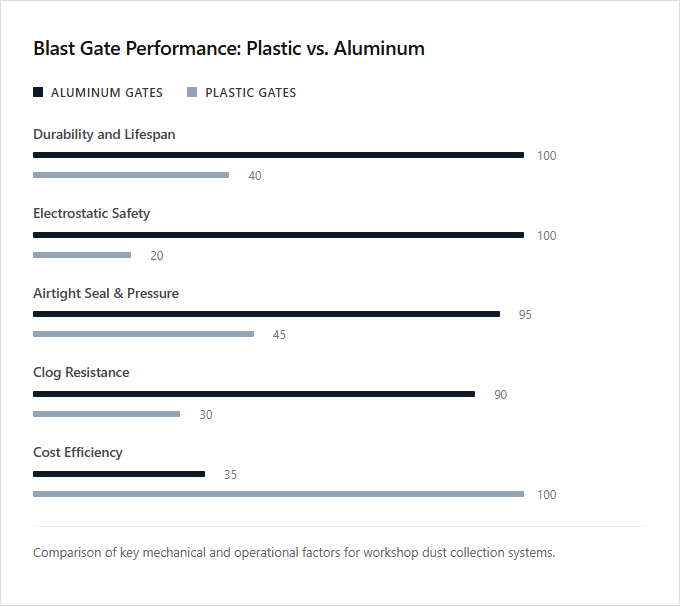 Infographic comparison Plastic Blast Gates vs Aluminum Blast Gates of Dust Collector power tool