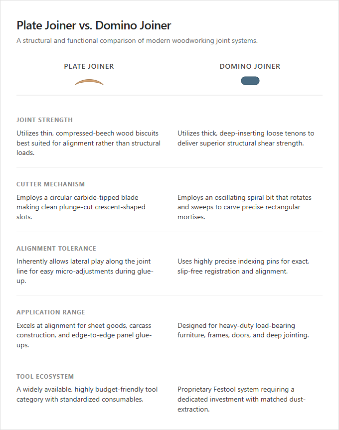 Infographic comparison Plate Joiner vs Domino Joiner of Plate Joiner power tool