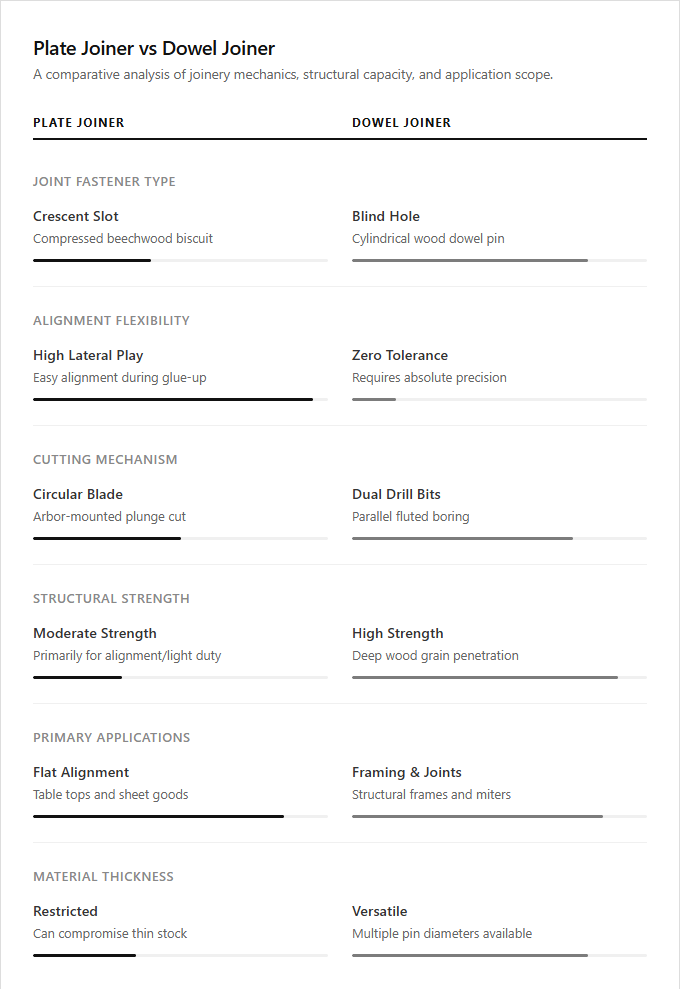 Infographic comparison Plate Joiner vs Dowel Joiner of Plate Joiner power tool