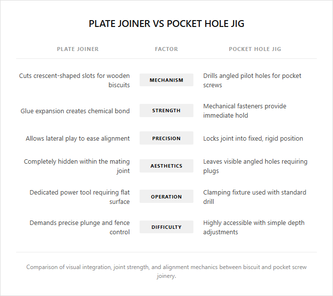 Infographic comparison Plate Joiner vs Pocket Hole Jig of Plate Joiner power tool