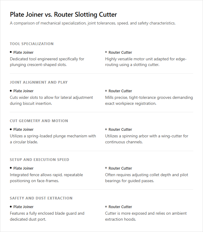 Infographic comparison Plate Joiner vs Router Slotting Cutter of Plate Joiner power tool