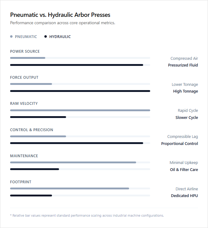Infographic comparison Pneumatic Arbor Press vs Hydraulic Arbor Press of Arbor Press power tool