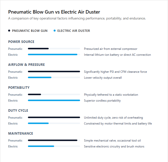 Infographic comparison Pneumatic Blow Gun vs Electric Air Duster of Air Cleaner power tool