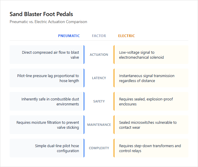 Infographic comparison Pneumatic Foot Pedals vs Electric Foot Pedals of Sand Blaster power tool