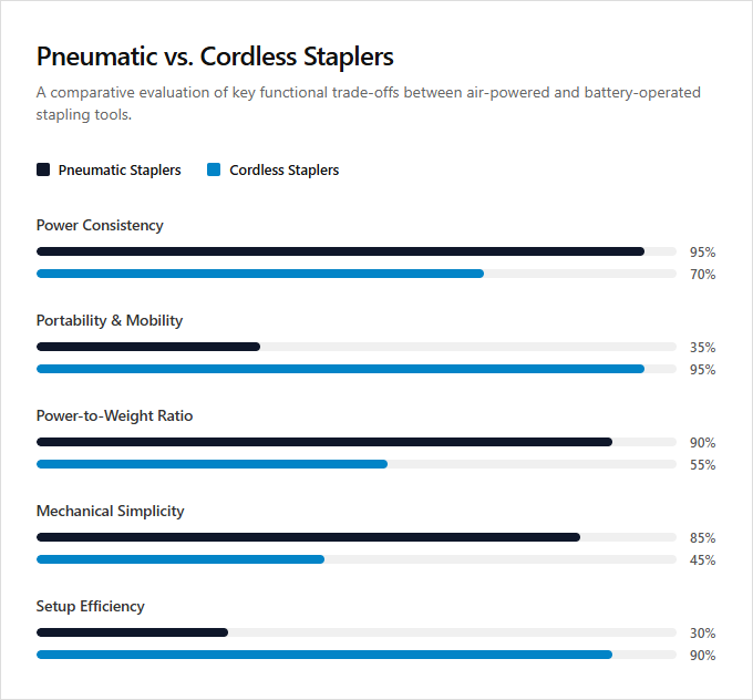 Infographic comparison Pneumatic Staplers vs Cordless Staplers of Stapler power tool