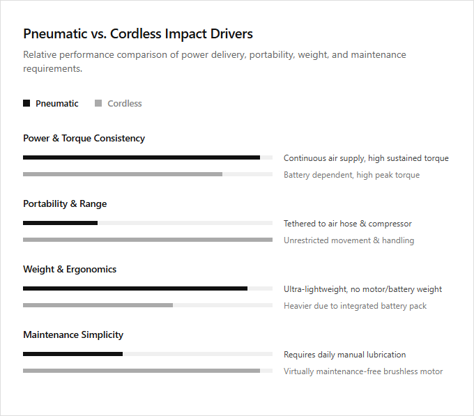 Infographic comparison Pneumatic vs Cordless Impact Driver of Impact Driver power tool