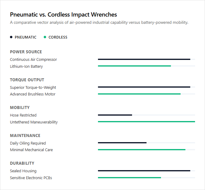 Infographic comparison Pneumatic vs Cordless of Impact Wrench power tool