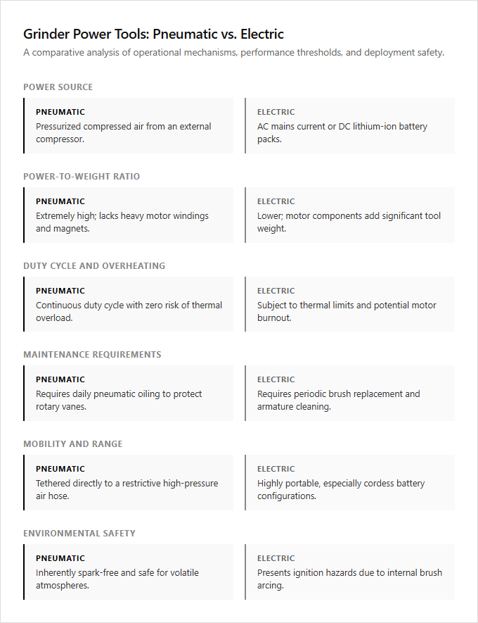 Infographic comparison Pneumatic vs Electric Grinder of Grinder power tool