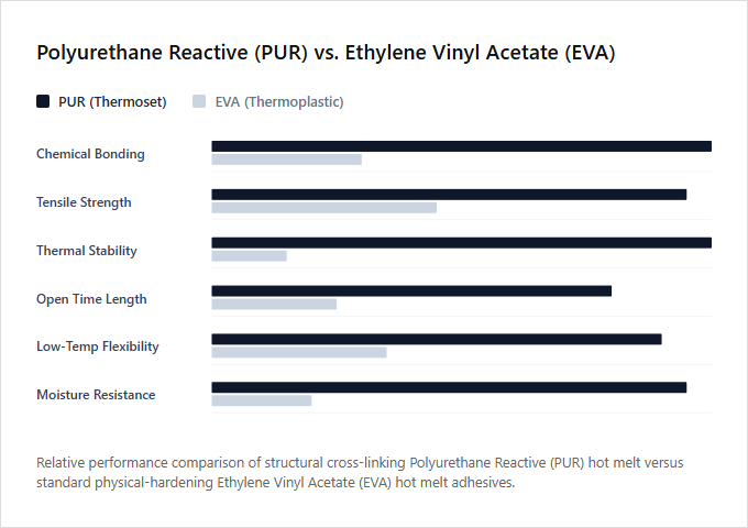 Infographic comparison Polyurethane Reactive vs Ethylene Vinyl Acetate of Glue Gun power tool