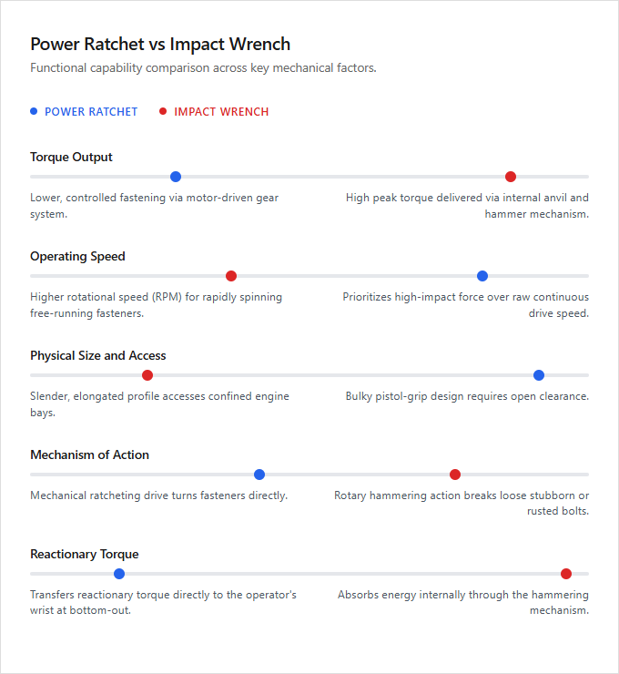 Infographic comparison Power Ratchet vs Impact Wrench of Ratchet Wrench power tool