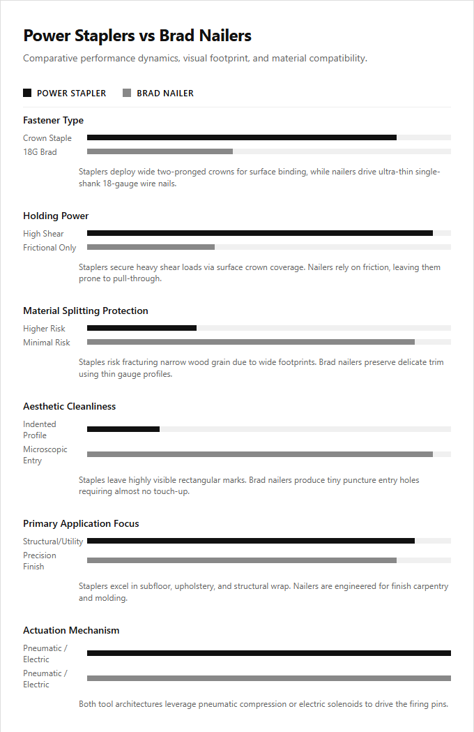 Infographic comparison Power Staplers vs Brad Nailers of Stapler power tool