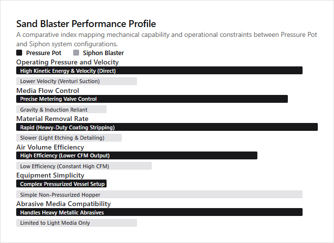 Infographic comparison Pressure Pot vs Siphon Blaster of Sand Blaster power tool