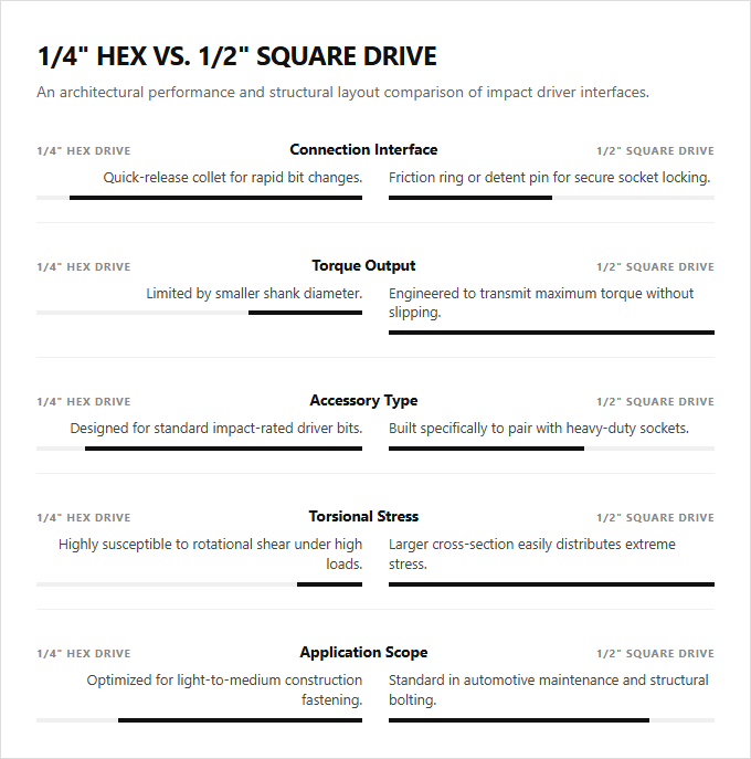 Infographic comparison Quarter Inch Hex vs Half Inch Square Drive of Impact Driver power tool