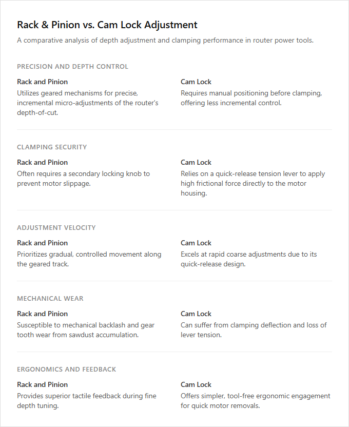 Infographic comparison Rack and Pinion Adjustment vs Cam Lock Adjustment of Router power tool