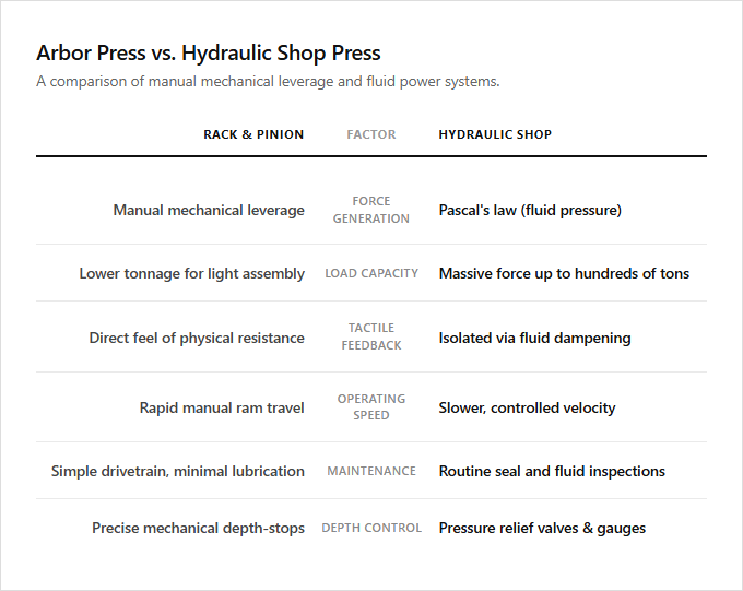Infographic comparison Rack and Pinion Arbor Press vs Hydraulic Shop Press of Arbor Press power tool