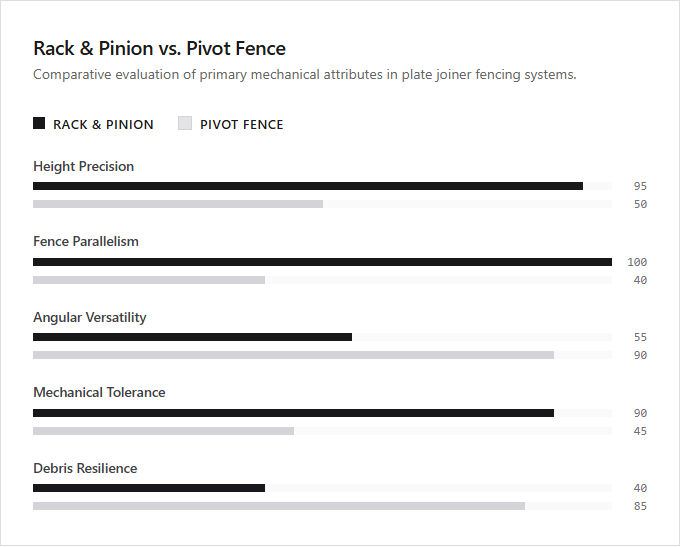 Infographic comparison Rack and Pinion Fence vs Pivot Fence of Plate Joiner power tool