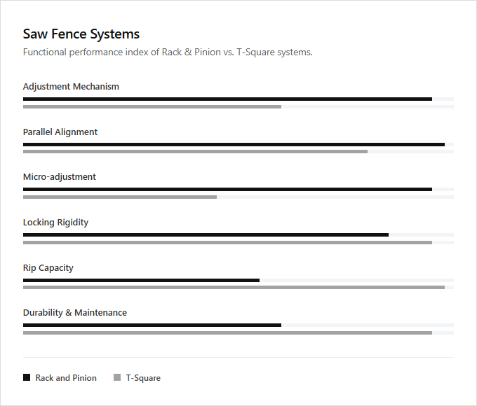 Infographic comparison Rack and Pinion Fence vs T Square Fence of Saw power tool