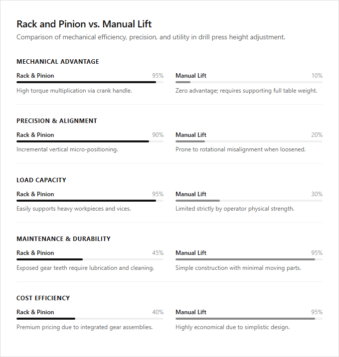 Infographic comparison Rack and Pinion vs Manual Lift of Drill Press power tool