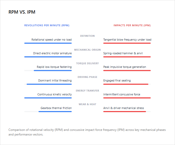 Infographic comparison Revolutions Per Minute vs Impacts Per Minute of Impact Driver power tool