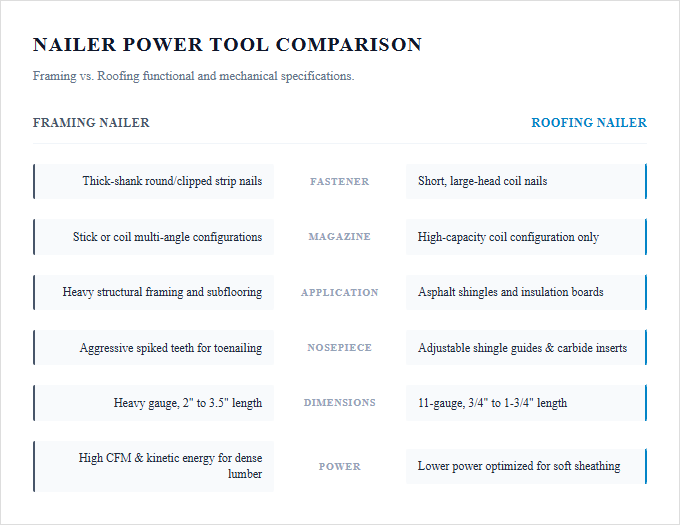 Infographic comparison Roofing vs Framing of Nailer power tool