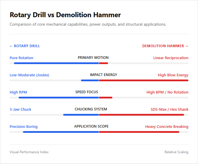 Infographic comparison Rotary Drill vs Demolition Hammer of Drill power tool