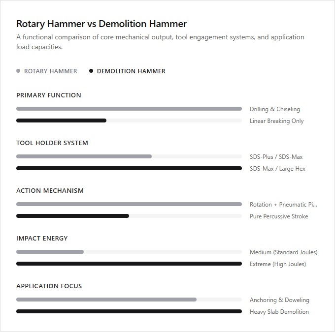 Infographic comparison Rotary Hammer vs Demolition Hammer of Concrete Tool power tool