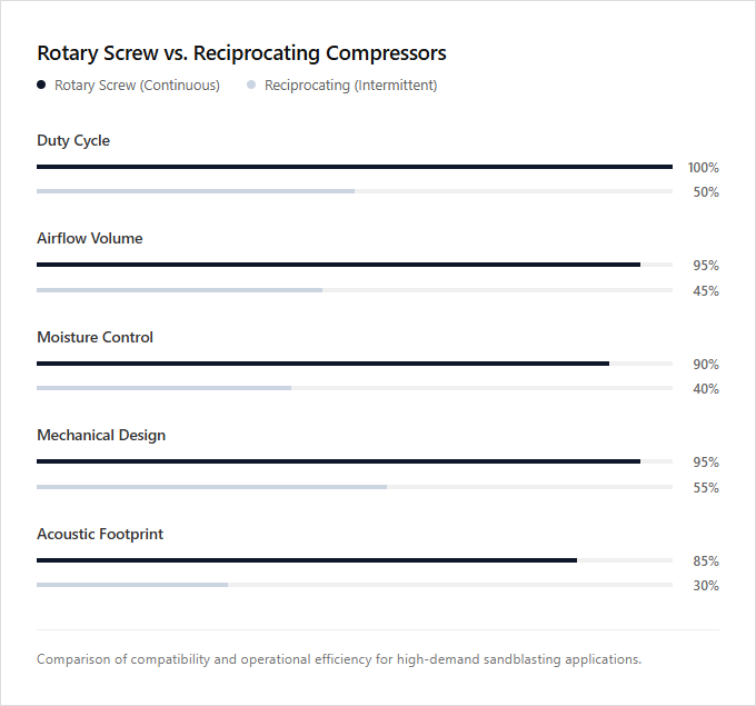 Infographic comparison Rotary Screw Compressors vs Reciprocating Compressors of Sand Blaster power tool