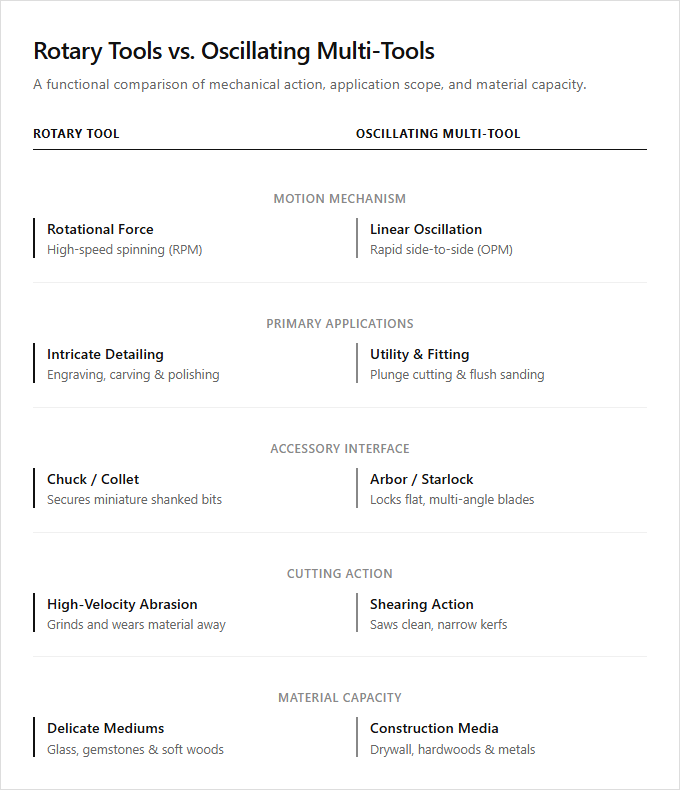 Infographic comparison Rotary Tools vs Oscillating Multi-Tools of Rotary Tool power tool