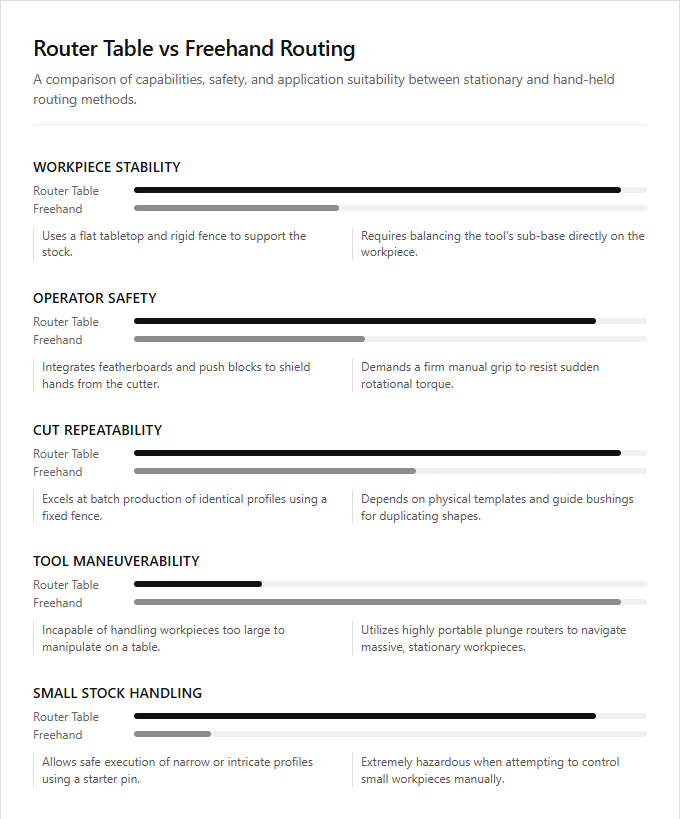 Infographic comparison Router Table vs Freehand Routing of Router power tool