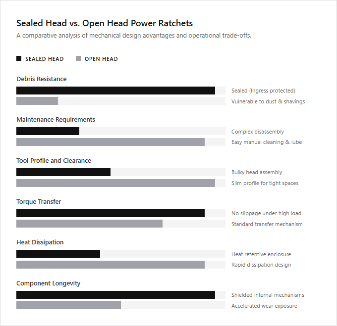Infographic comparison Sealed Head vs Open Head Power Ratchet of Ratchet Wrench power tool