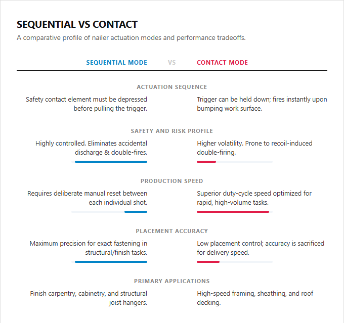 Infographic comparison Sequential vs Contact of Nailer power tool
