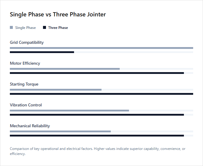 Infographic comparison Single Phase vs Three Phase Jointer of Jointer power tool