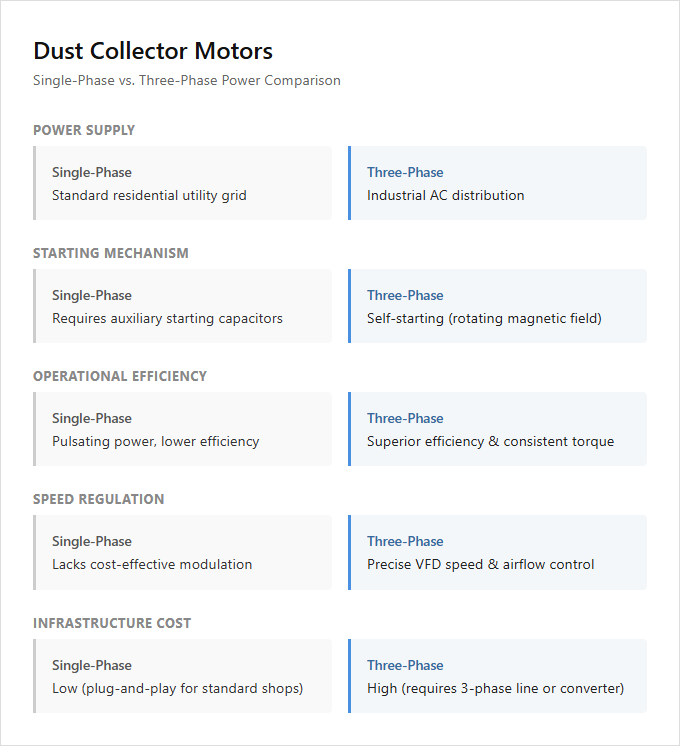 Infographic comparison Single-Phase vs Three-Phase Motor of Dust Collector power tool