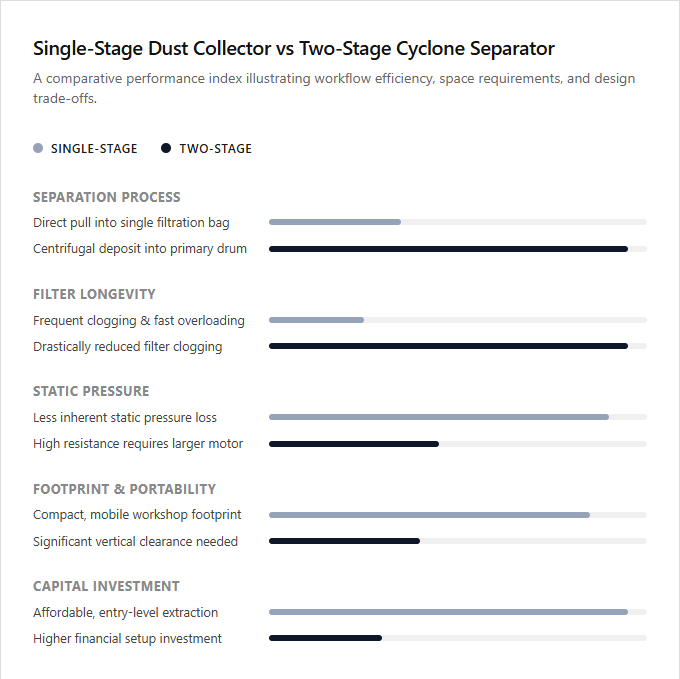 Infographic comparison Single-Stage Dust Collector vs Two-Stage Cyclone Separator of Air Cleaner power tool