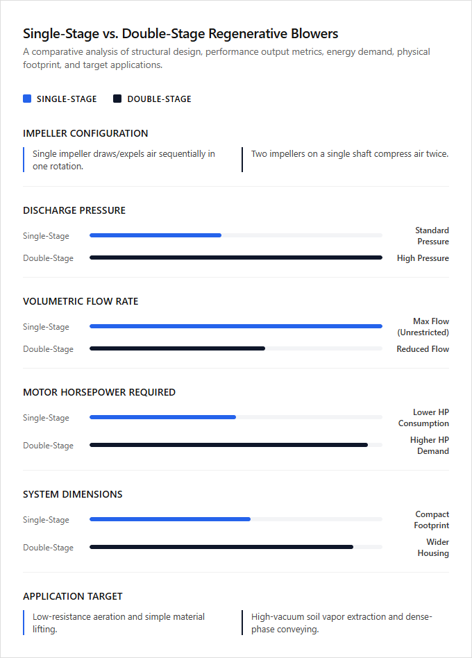 Infographic comparison Single-Stage vs Double-Stage Regenerative Blowers of Regenerative Blower power tool