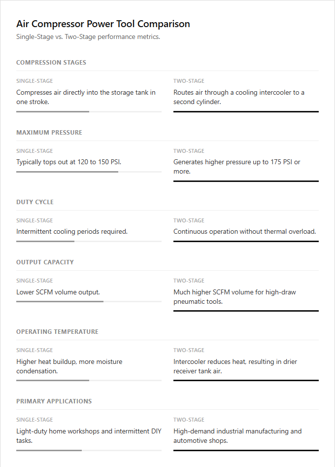 Infographic comparison Single-Stage vs Two-Stage of Air Compressor power tool