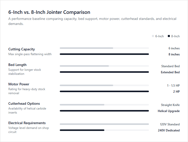 Infographic comparison Six Inch Jointer vs Eight Inch Jointer of Jointer power tool