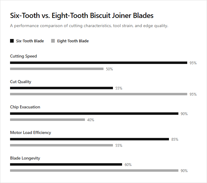 Infographic comparison Six-Tooth Blade vs Eight-Tooth Blade of Biscuit Joiner power tool