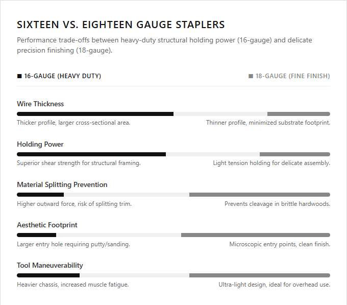 Infographic comparison Sixteen Gauge vs Eighteen Gauge Staplers of Stapler power tool