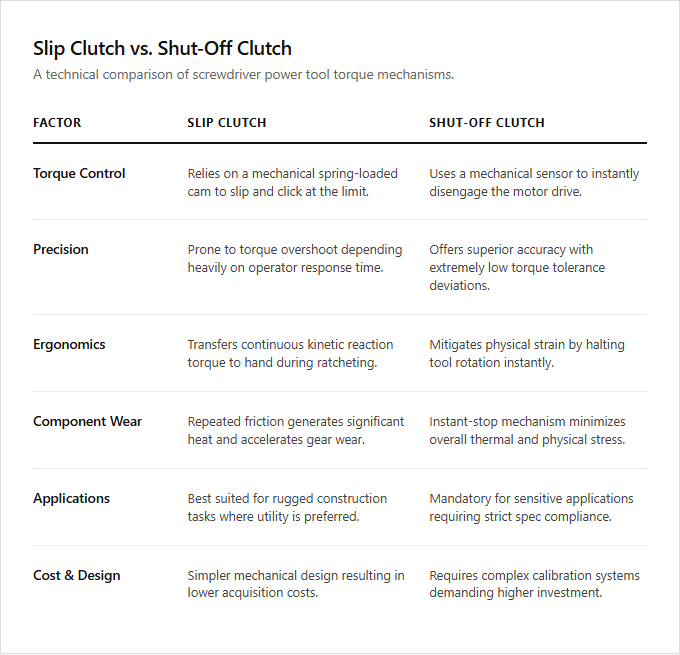 Infographic comparison Slip Clutch vs Shut-Off Clutch of Screwdriver power tool