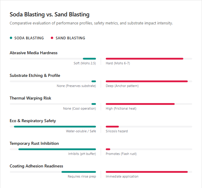 Infographic comparison Soda Blasting vs Sand Blasting of Sand Blaster power tool