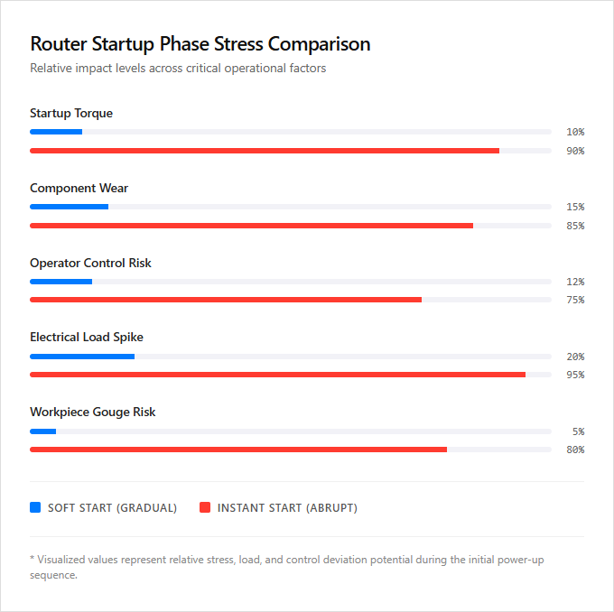 Infographic comparison Soft Start vs Instant Start of Router power tool